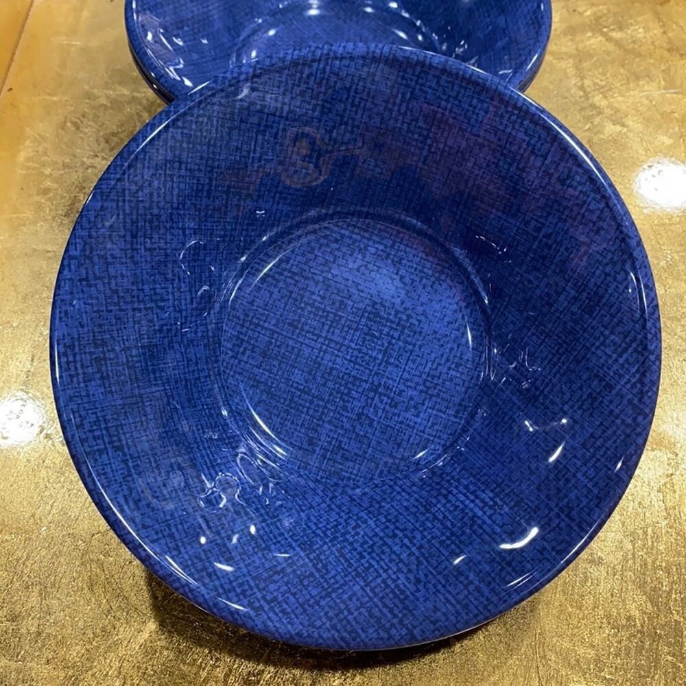 Set of 4 Dark Blue Textile-Look High Gloss Heavy Melamine Cereal Bowls